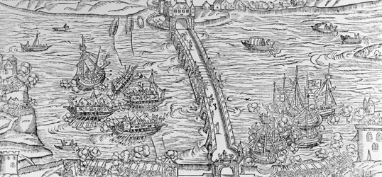 A reconstruction of a naval battle performed on the River Seine in front of Henri IV in 1596, illustration from 